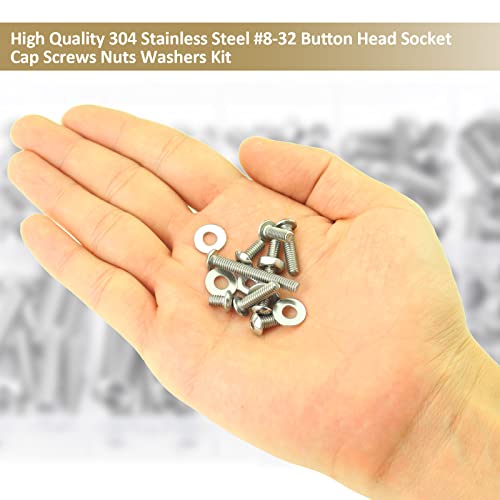 212 Pieces #8-32 x 1/4", 5/16", 3/8", 1/2", 5/8", 3/4", 1", 1-1/4", Button Head Socket Cap Screws Nuts Washers Assortment Kit, 304 Stainless Steel, Fully Machine Thread - size: #8-32, style: Button Head