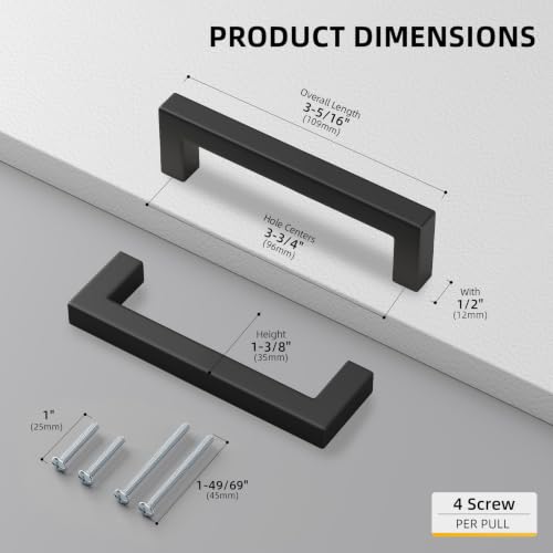Goldenwarm 5 Pack 3-3/4 in Matte Black Cabinet Handles Square Drawer Pulls - color: Matte Black, size: 3 3/4 Inch Hole Center
