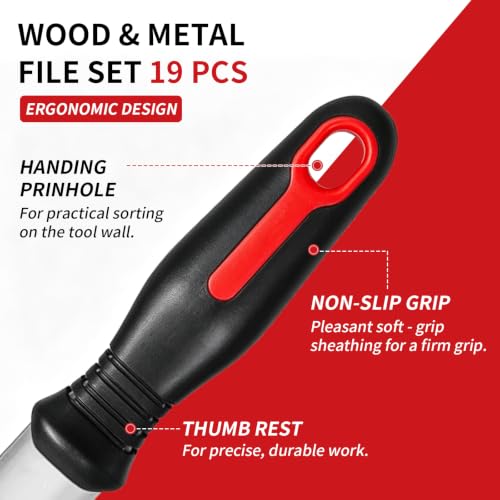 19 PCS Metal File Set, T12 Metal Files for Steel,Flat/Round/Triangle/Half-Round Hand Set with Needle File & Steel Brush for Metals, Metalworking & Woodworking
