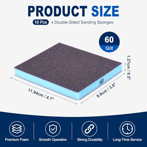 16Pcs 60Grit Double-Sided Sanding Sponges, Washable & Reusable - size: 60Grit