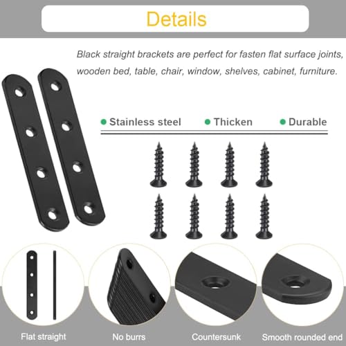 8 Pack Black Straight Brace Brackets 4 Inch Stainless Steel Flat Mending Plates, Heavy Duty Repair Fixing Joining Brackets for Wood Furniture with Screws