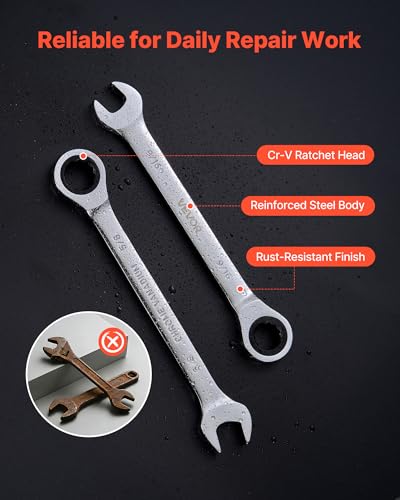 VEVOR Combination Wrench Set, 16-Piece SAE Sizes, 72 Teeth, Cr-V Steel Ratcheting Wrench Set, with Roll Up Pouch, Open End, Clear Size Labels, for General Household and Automotive Repairs, Silver - size: 16PCS (SAE), style: Regular