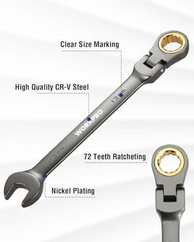 WORKPRO 13 mm Flex-Head Ratcheting Combination Wrench, Nickel Plating - size: 13 mm, style: Nickel Plating