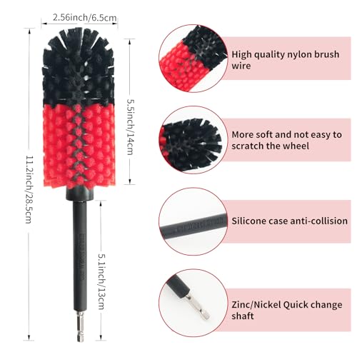 Wheel Brush, Soft Drill Wheel Cleaner Brush, Drill Brush for Car Wheel, No Scratches Highly Dense and Durable Car Wheel Brush Rim Tire Car Cleaning Brush for Wheels, Rims, Engines, Exhaust - color: Black+red