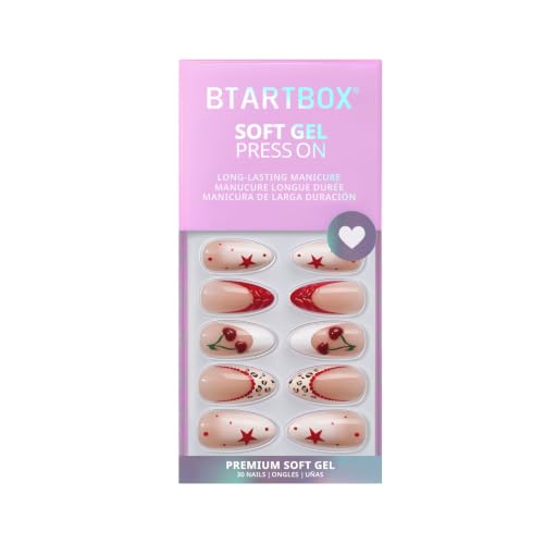 BTArtbox Press On Nails, Pinky Swear, Medium Almond, Red French Tip, 30Ct - color: B-Pinky Swear