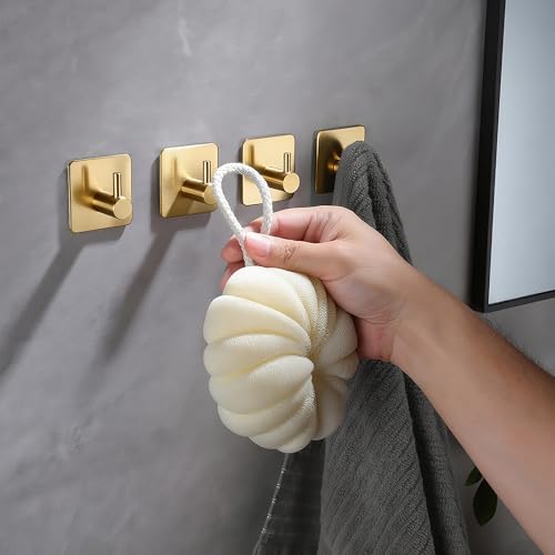 YIGII Adhesive Hooks, 4 Pack Stainless Steel Towel Hooks Heavy Duty, Sticky Wall Hook for Hanging Robe, Coat, Clothes, Waterproof (Gold) - color: Brushed Gold