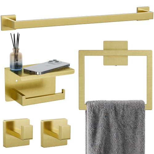5-Pieces Brushed Gold Bathroom Accessories, 24 Inch Gold Towel Bar Set - color: Brushed Gold, size: 26 Inch (5 Pieces)