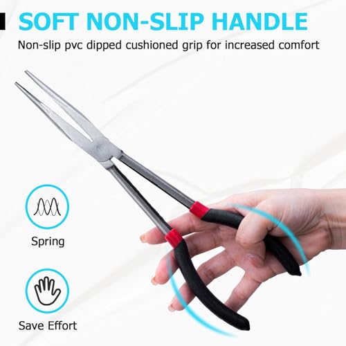 5 Piece Long Reach Plier Set - 11” Long Needle Nose Pliers Sets - Straight, 25, 45, 90-Degree Angle, Long Reach Bent Circle Pliers for Hard-to-Reach Narrow Spaces