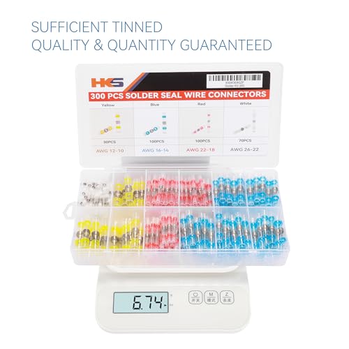 HKS 300PCS Solder Seal Wire Connectors Kit – Waterproof Heat Shrink Butt Terminals – 26-10 AWG – Automotive, Marine, Boat, Home Wiring Repair - color: Mix 26-10 AWG, size: 300PCS