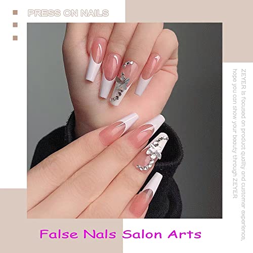 24Pcs Press on Nails Almond - Medium French Tip Fake Nails with Embossed Flower Designs, Glossy Finish Reusable False Nails with Glue Tabs - 24Pcs Nail Kit (White butterflies) - color: White butterflies
