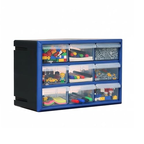 NORTHSKY 9-Bin Small Parts Cabinet, Stackable, Blue, 14.17 × 7.09 × 9.45 in 9 * Blue (9 Drawer & Clear) - size: 9 Drawer