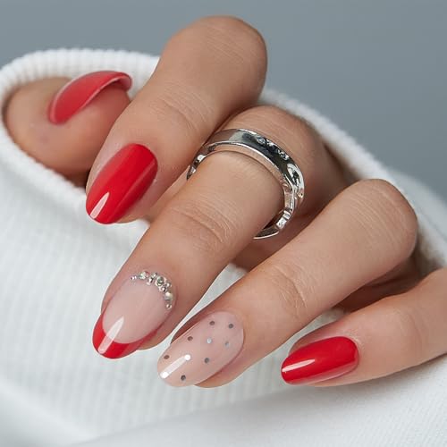 CurvLife Medium Almond Polka French Tip Press On Nails, Red Nude Rhinestone - color: Polka Dot Red French Nails with Rhinestone Accents