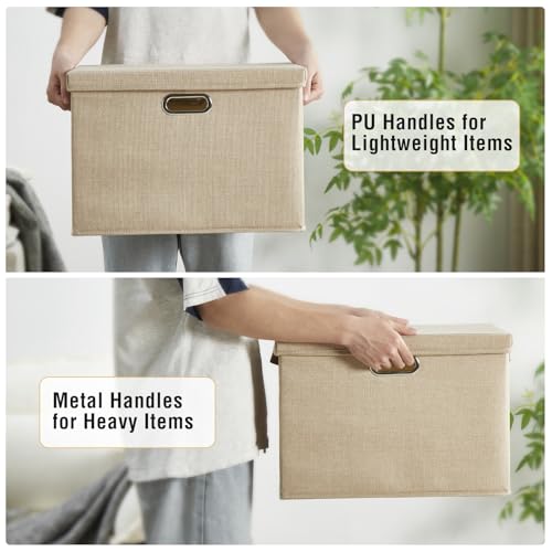 15" Fabric Storage Box with Lids, 3-Pack, Khaki - color: khaki, size: Medium-15"