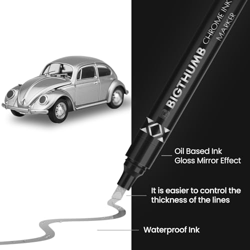 BIGTHUMB 3Pcs Liquid Chrome Paint Markers, Gloss Mirror Marker, Oil-based Permanent Chrome Maker, Reflective Metallic Pen Markers for Repairing, Model Painting DIY Art Projects, Silver - style: 3PCS Silver