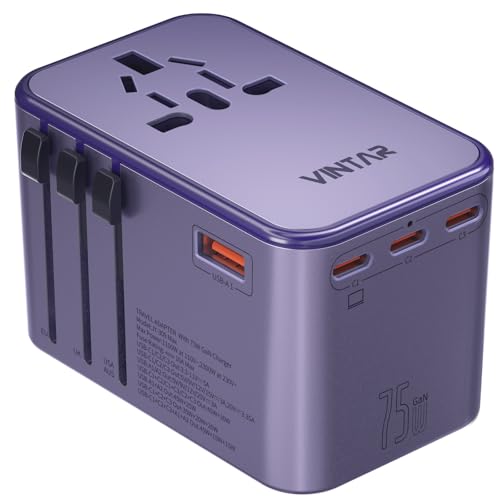 VINTAR GaN Universal Travel Adapter 75W, 6-in-1 with 3USB-C PD & 2USB-A QC - color: 75W Purple