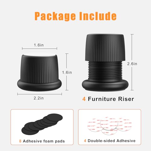 Adjustable Furniture Bed Risers 1.6-2.6 inch Durable Anti Slip-Black 4 Pcs - color: Black - 4 Pcs