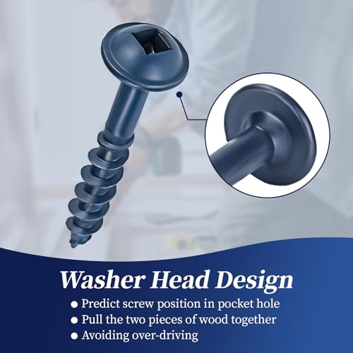 Pocket Hole Screws 1-1/4 Inch, Goobetter Pocket Screws #8 x 1-1/4" 600 Pcs for Exterior, Washer Head with Square Drive, Coarse Thread, Blue Coated, Self Tapping, 100MM Drive Bit Included - size: #8 x 1-1/4"