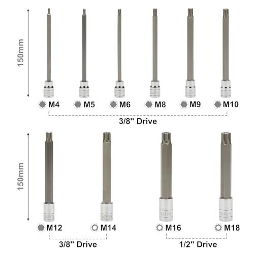 Mayouko 6" Extra Long XZN Triple Square Spline Bit Socket Set, 4mm to 18mm, 10-Piece, 3/8" & 1/2" Drive - style: XZN