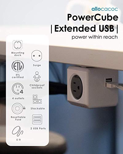 Allocacoc PowerCube Extended 4 Outlets 2USB, 5ft Power Strip Surge Protector 1875W 15A 125V 14AWG, No Blockage, Mounting Dock, Heavy Duty Travel Home Office Dorm Cruise Compact Space Saving, ETL - color: Red
