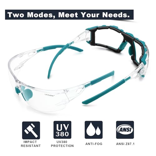 UKNOW Safety Glasses - Anti Fog Wraparound Lenses - Removable Foam Gasket - ANSI Z87.1 Protective Eyewear - Impact Resistant - color: Teal
