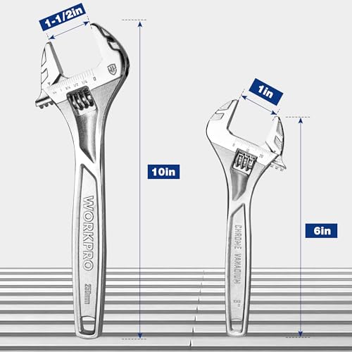 WORKPRO 2-Piece Wide Jaw Adjustable Wrench Set, 6" & 10", Cr-V Steel - color: Silver, size: 6 & 10 inch