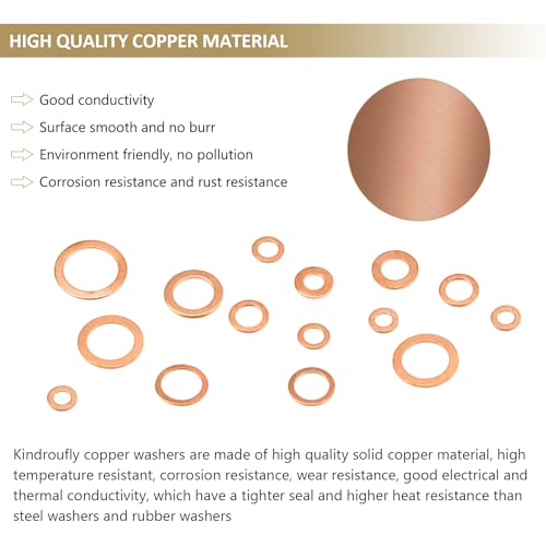 225 Pieces Copper Metric Flat Washers, Sealing Washers, Kindroufly 10 Sizes Copper Washers, Metal Washers Assortment Kit (M5 M6 M8 M10 M12 M14 M16)