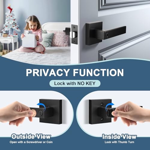 KNOBWELL 8 Pack Door Handles Interior Matte Black Contemporary Door Knobs with Lever Privacy Use, Bedroom and Bathroom Handle(Lock with No Key)