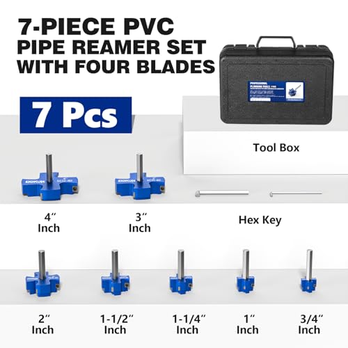 7PCS PVC Pipe Reamer Kit, PVC Fitting Saver for SCH40, 4-Blade Pipe Reamer Plumbing Tools, Fits Standard 1/2" Drill, Includes 1/4", 1-1/2", 1", 3/4", 3", 2", 4" - size: 7Pcs PVC Pipe Reamer Kit