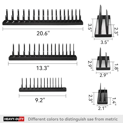 AIUITIO 6PCS Socket Organizer Tray Set, Red SAE & Black Metric Socket Storage Trays, 1/4-Inch, 3/8-Inch & 1/2-Inch Drive Deep and Shallow Socket Holders for Toolboxes - size: 170 Socket Capacity