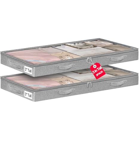 punemi 3 inch High Soft Low Profile Under Bed Storage Bins, 2 Pack, Grey - color: Grey, size: 2 Pack-3 inch Tall-Soft