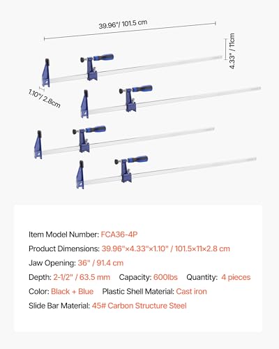 VEVOR 36" Bar Clamps for Woodworking, 4-Pack, 600 lbs Load Limit - size: 36"(4 Pack), style: Medium-Duty