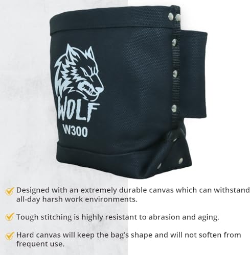 Wolf Black Canvas Tool Pouch, Tunnel Belt Loop, Bull Pin Loops & Bolt Bag Tote | Tradesman, Ironworker, Carpenter, 5’’x10’’x9’’ - color: Black