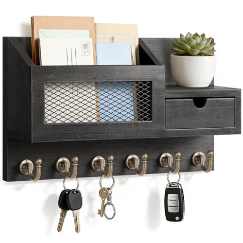 FifthQuarter Key Hooks for Wall with Drawer and 6 Sturdy Key Hooks, B-Black - color: B-Black