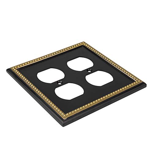 Pearled Frame Decorative Wall Plate Switch Plate Outlet Cover (Double Duplex, Black & Dark Golden) - style: Double Duplex