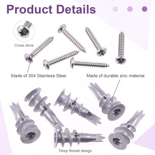 Swpeet 120Pcs Heavy Duty Zinc Self Drilling Drywall Anchors with #8 x 1-1/4'' Screws Kit, No Pre Drill Hole Preparation Required - Self-Tapping Drywall Anchors for Hanging and Mounting