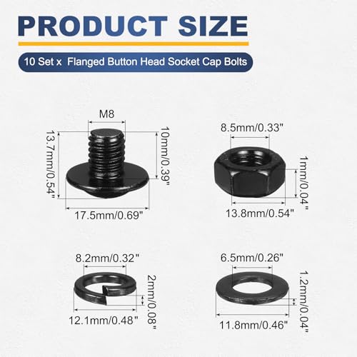 M METERXITY 10 Set M8 x 10mm Flanged Button Head Socket Cap Screws, Black 304 Stainless Steel 18-8 Hex Socket Head Screws Bolts, Nuts, Flat & Lock Washers for DIY, Furniture, Automotive - size: M8 x 10mm
