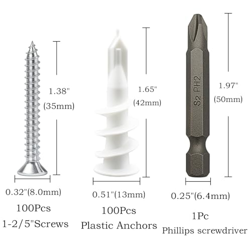 200Pcs Drywall Anchors and Screws Kit, 100Pcs Self-Drilling Plastic Wall Anchors with 100Pcs #8 Phillips Screws & PH2 Bit, Heavy Duty Anchors for Hanging Pictures, Shelves, Home Mounting - size: 1.37 Inch