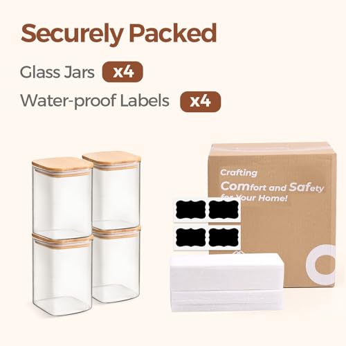 ComSaf Square Glass Containers with Lids 1.2 Qt, Set of 4 Pantry Glass Jars | Kitchen Glass Pantry Storage Containers, Storage Canisters, Silicone Seal, Dry Food, Cookie, Flour, Spice, Coffee, BPA Free - size: 1.2Qt*4