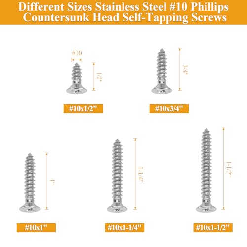 115 Pieces #10 x 1/2" 3/4" 1" 1-1/4" 1-1/2" Wood Screws Set, Phillips Countersunk Head #10 Self-Tapping Screws Assortment Kit, 304 Stainless Steel - size: #10, style: Phillips Countersunk Head