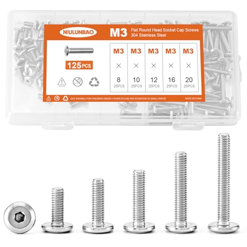 M3 x 8mm 10mm 12mm 16mm 20mm Flat Round Head Hex Socket Cap Screws Bolts, Furniture Screws, 304 Stainless Steel, Metric Fully Threaded, Allen Hex Drive, Bright Finish, Assortment Kit 125PCS - size: M3 x 8/10/12/16/20mm (125PCS)