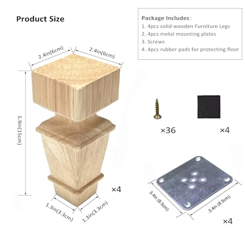 6 Inch Wooden Furniture Legs with Mounting Plates Screws Set of 4 Solid Wood Unfinished European Style Replacement Furniture Feet for Couch Cabinet Sofa Ottoman TV Stand Home DIY Projects (6 inch) - color: 6 Inch