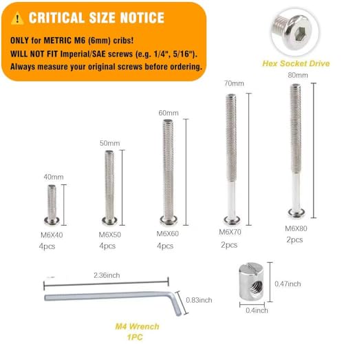 Crib Screws Hardware Replacement Kit - 16 Set M6 Hex Drive Socket Cap Barrel Nuts Assortment Kit for Baby Bed Cribs Furniture, M6x40/50/60/70/80mm - size: 32pcs