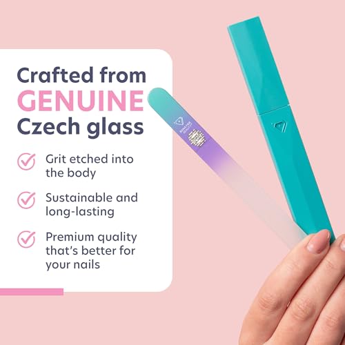 Bona Fide Beauty Czech Glass Nail File with Case in Pastel Green Violet | Crystal File for Natural Nails with Protective Case, Nail Care Tool Gifts for Women, Fine Grit Gentle Nail Care - color: Pastel Aqua Violet