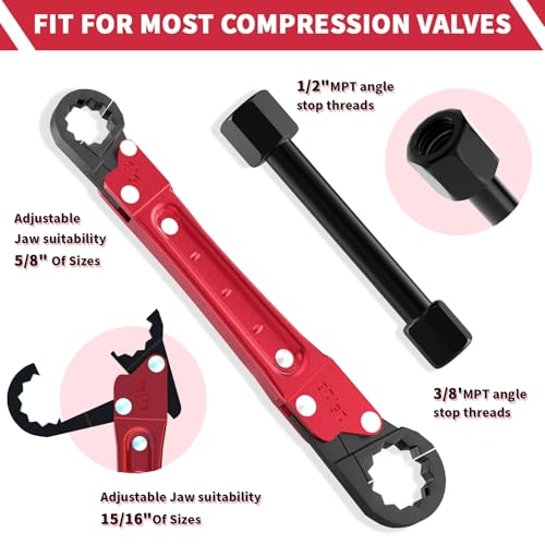 Angle Stop Wrench Kit, 3-Piece Plumbing Tool Set with Compression Sleeve Puller & 4-Way Sillcock Key, 15/16" & 5/8" Plumber Wrench for 3/8" & 1/2" Angle Stop Valves, Tight Spaces - color: Red