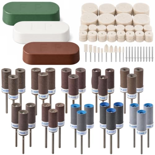 133 Pcs Polishing Kit Compatible with Dremel Rotary Tools, 180-2000 Grit Fine Sanding Drums and Sleeves Set with Buffing Wheels Polishing Bits with 1/8" Shank & Compound for Jewelry, Wood, Metal, Jade