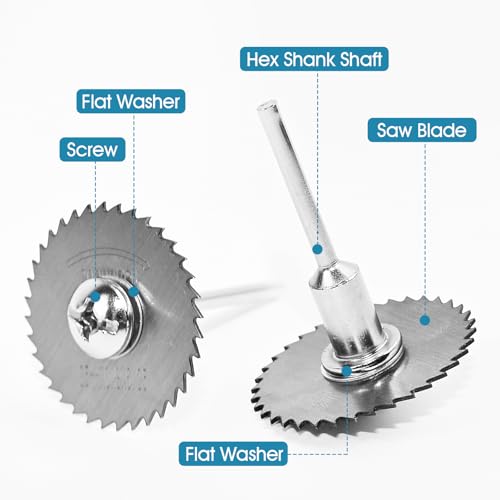 9Pcs 1/4" Hex Shank Rotary Saw Blades Cutting Wheel Set | 6 sizes metal cutting discs, 2pcs 1/4" hex mandrels & 1 screwdriver, cuts wood, plastic, metal for rotary drill tools - color: silver