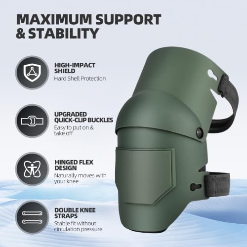 Professional Hard Shell Knee Pads for Men & Women - Flexible Protective Kneepads with Hinged Design & Quick-Clips - for Construction, Flooring, Roofing, Gardening - color: Green