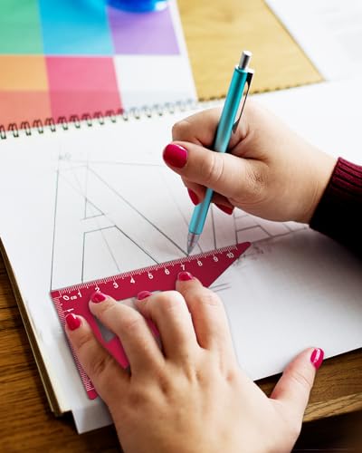 Honagu Triangular Ruler Set, 4+1Pieces Aluminum Alloy Ruler, Metal Drafting Ruler, Geometric Protractor for Students, School Office Supplies (Red, 20cm) - color: Red