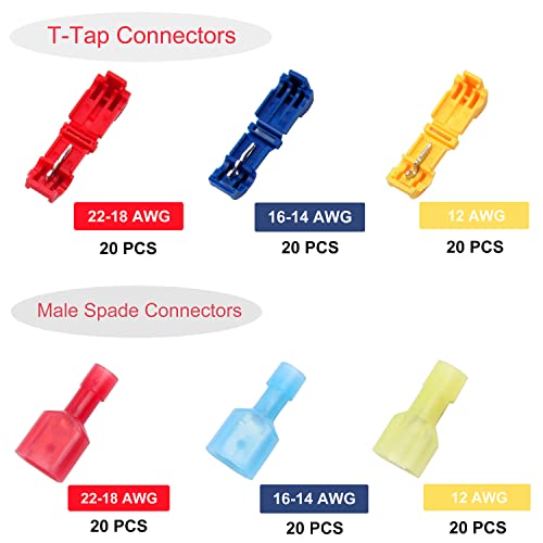 120PCS T-Tap Wire Connectors, Self-Stripping Quick Splice Electrical Wire Terminals, Insulated Male Quick Disconnect Spade Terminals Assortment Kit - style: 120PCS Tap Wire Connectors