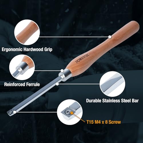 POWERTEC 4 Pcs Carbide Lathe Tools for Woodturning, Wood Lathe Tools with Radius Edge Square, Flat Edge Square, Round and Diamond, Lathe Toolds with Replaceable Blade (71826) - style: 4pcs set